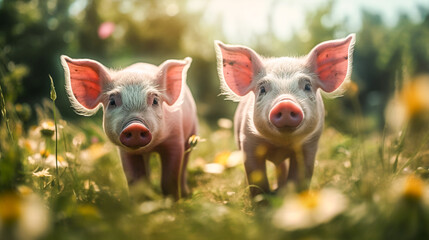 Happy pink pigs in field.