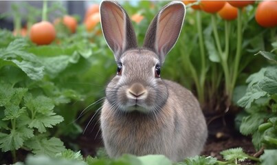 Fototapeta premium a rabbit is sitting in the middle of a garden of carrots. generative ai