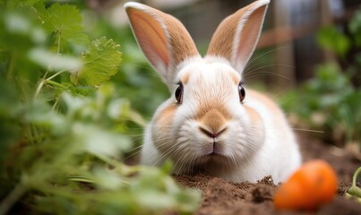 Fototapeta premium a rabbit is sitting in the dirt near some carrots. generative ai