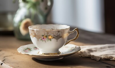  a tea cup and saucer sitting on a wooden table.  generative ai