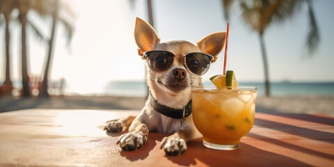 Chihuahua dog is on summer vacation at seaside resort and relaxing rest on summer beach of Hawaii Generative AI - obrazy, fototapety, plakaty