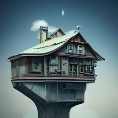 Stunning Photorealistic Flying House with Exquisite Detailing and Ultra-Realistic Design. Generative AI.