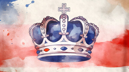 Poster with english crown, british flag. Long banner with white space, copy paste. Greeting card.