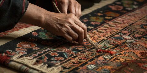 Hands skillfully weave a vibrant, handmade rug, displaying the artisan dedication to preserving an ancient tradition, concept of Textile heritage preservation, created with Generative AI Generative AI