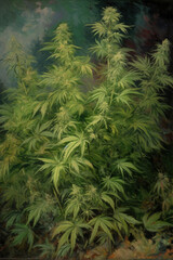 Painting of marijuana plant, artistic paint interpretation of cannabis flowers. Generative AI