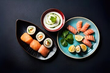 Fototapeta na wymiar Sushi Set nigiri, rolls and sashimi served in traditional Japan black Sushioke round plate. generated by AI