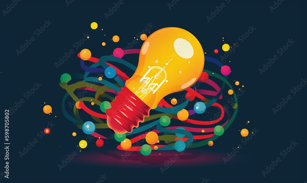 Poster a bright light bulb surrounded by colorful streamers and bubbles. generative ai