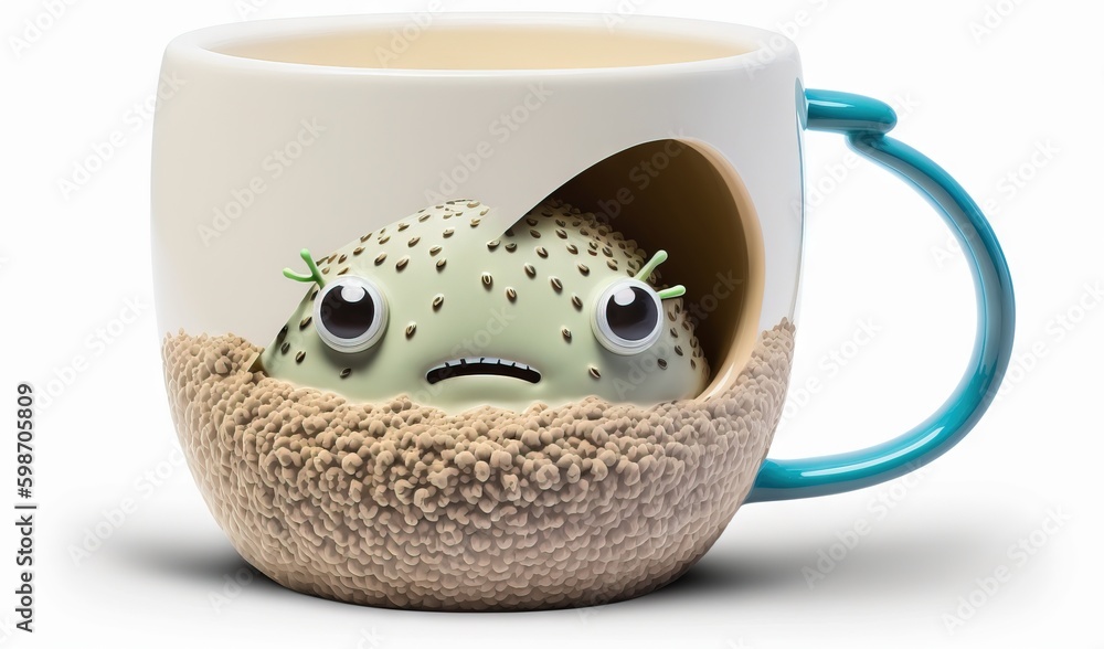 Poster a coffee mug with a strange looking creature inside of it. generative ai