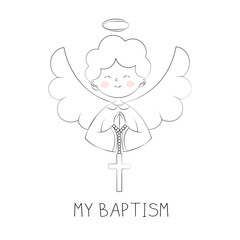 A Cute Angel Boy Holds a Cross Card for Baptism Day Baptized and Blessed Simple Doodle Vector Illustration