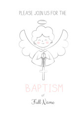 A Cute Angel Boy Holds a Cross Invitation Card for Baptism Day Baptized and Blessed Simple Doodle Vector Illustration