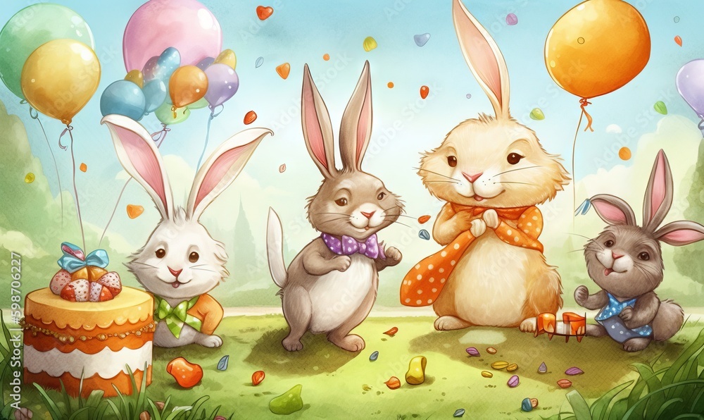 Poster a group of bunnies standing next to each other in a field. generative ai