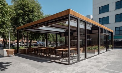 a glass covered outdoor dining area with tables and chairs on the side of the road.  generative ai