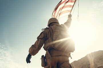An American soldier with an American flag in his hand looks out into the clear weather for Day of Remembrance or July 4, Day of Remembrance. generative ai