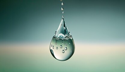 AI-generated extreme close-up illustration of a drop of water over a gradient green-blue-white background. MidJourney.
