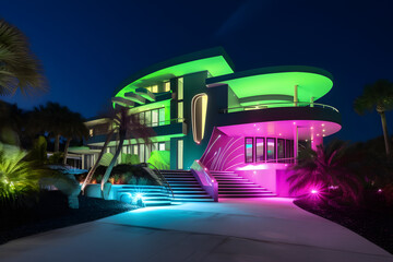 Neon themed mansion, futuristic, Miami vibes