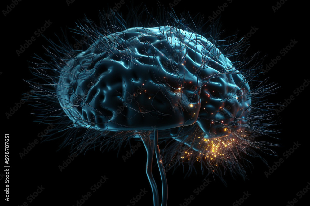 Poster human brain with a neural network of synapses lighting up. generative ai