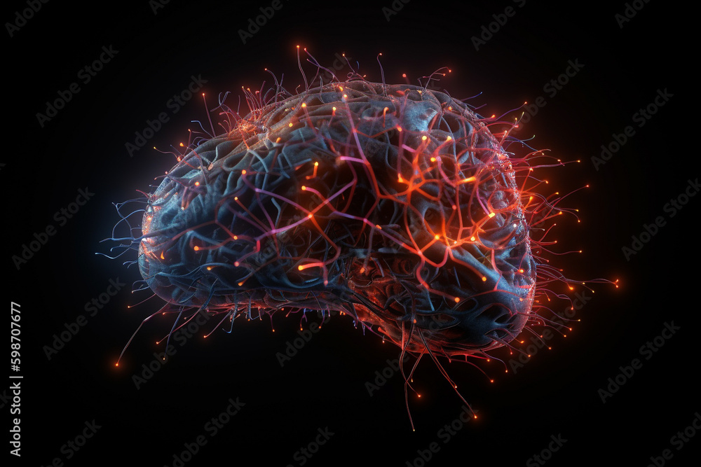 Poster human brain with a neural network of synapses lighting up. generative ai
