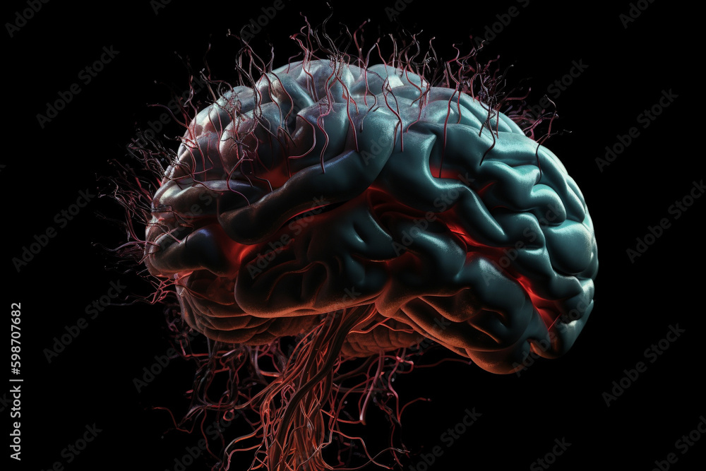 Poster human brain with a neural network of synapses lighting up. generative ai