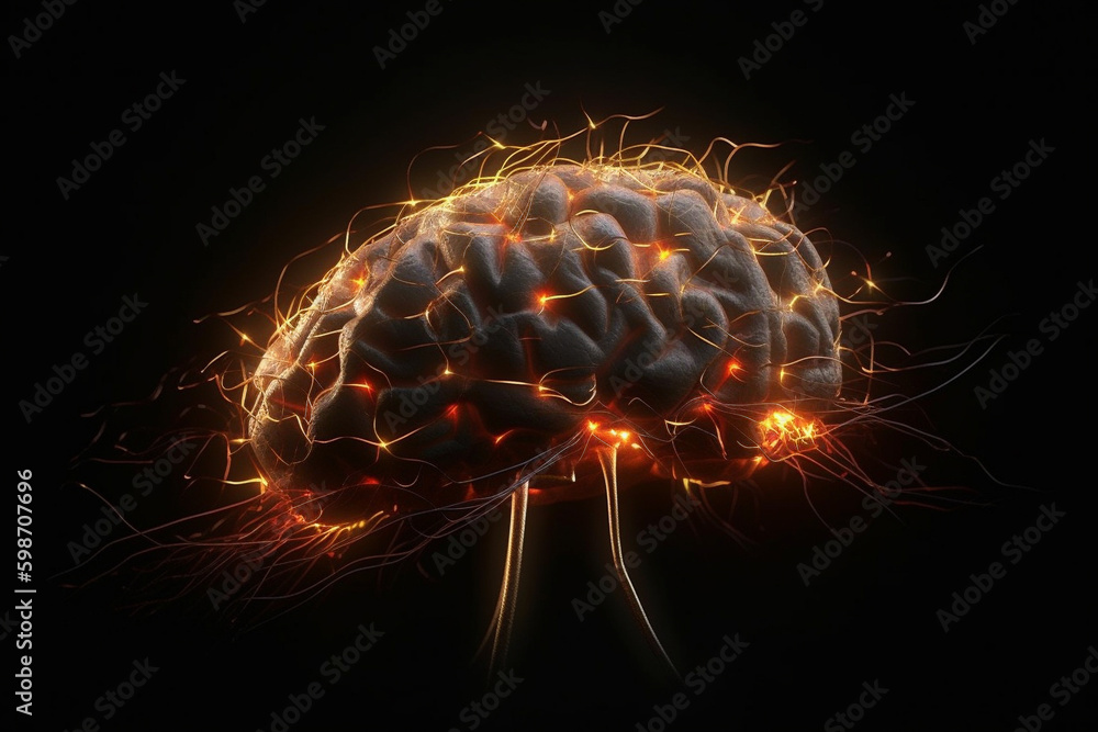 Poster human brain with a neural network of synapses lighting up. generative ai
