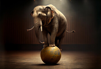 circus elephant stands on a ball. circus trick. ai generated Generative AI - obrazy, fototapety, plakaty