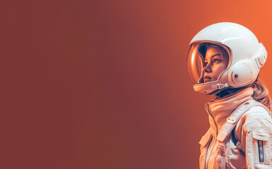 Cute girl in white spacesuit on orange background. Banner, copy space. Generative AI