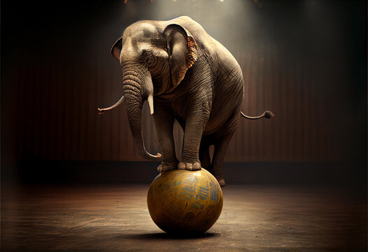 circus elephant stands on a ball. circus trick. ai generated Generative AI