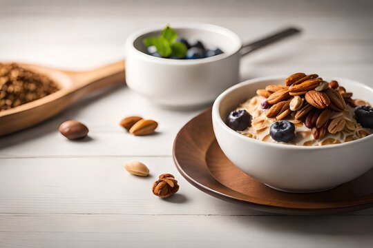 Oatmeal. Porridge with bananas, blueberries and walnut for healthy breakfast or lunch. Natural ingredients. generated by AI