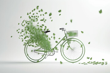 Fototapeta na wymiar White bicycle and green leafs - sustainable and eco friendly or green transportration concept. Generative AI