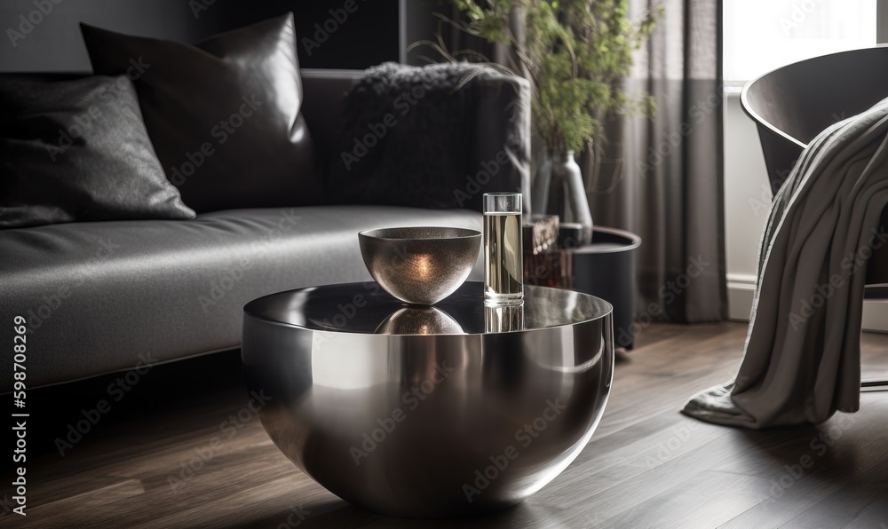 Poster a living room with a couch and a table with a vase on it. generative ai