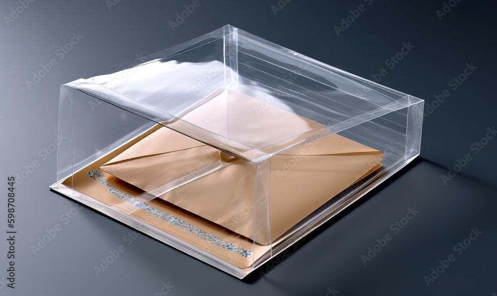 Poster a clear box with a card inside of it on a table. generative ai