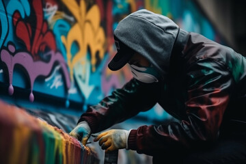 a graffiti artist spray painting a colorful mural. generative AI