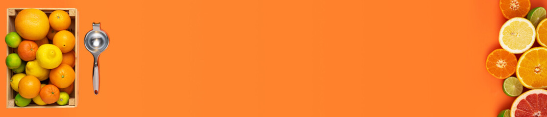 Flat layout banner with a box of whole fresh citrus fruits and a lemon squeezer on the left and more sliced fruits on the right side of the image on an orange background.