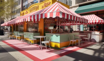  a restaurant with a red and white striped awning on a city street.  generative ai