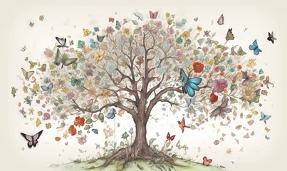  a drawing of a tree with butterflies flying around it and a white background.  generative ai
