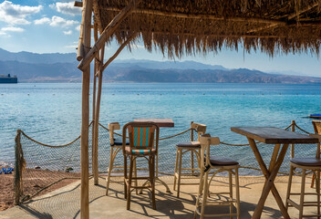 Morning  and restaurant on the beach of the Red Sea