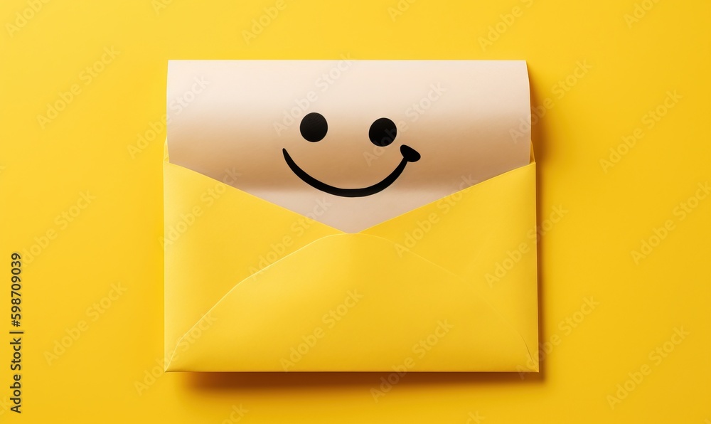 Poster a yellow envelope with a smiley face drawn on the front. generative ai