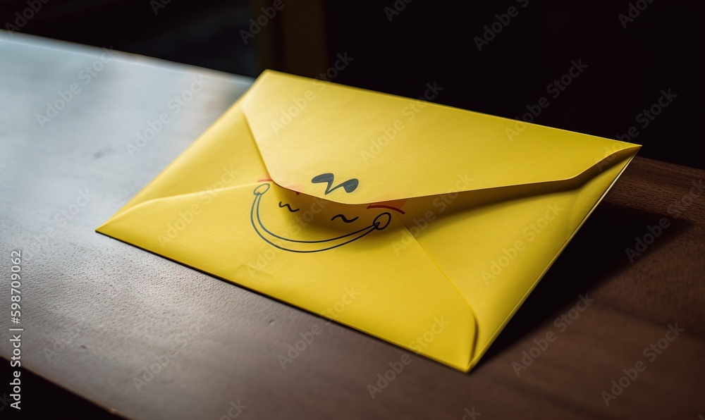 Poster a yellow envelope with a smiley face drawn on the side. generative ai
