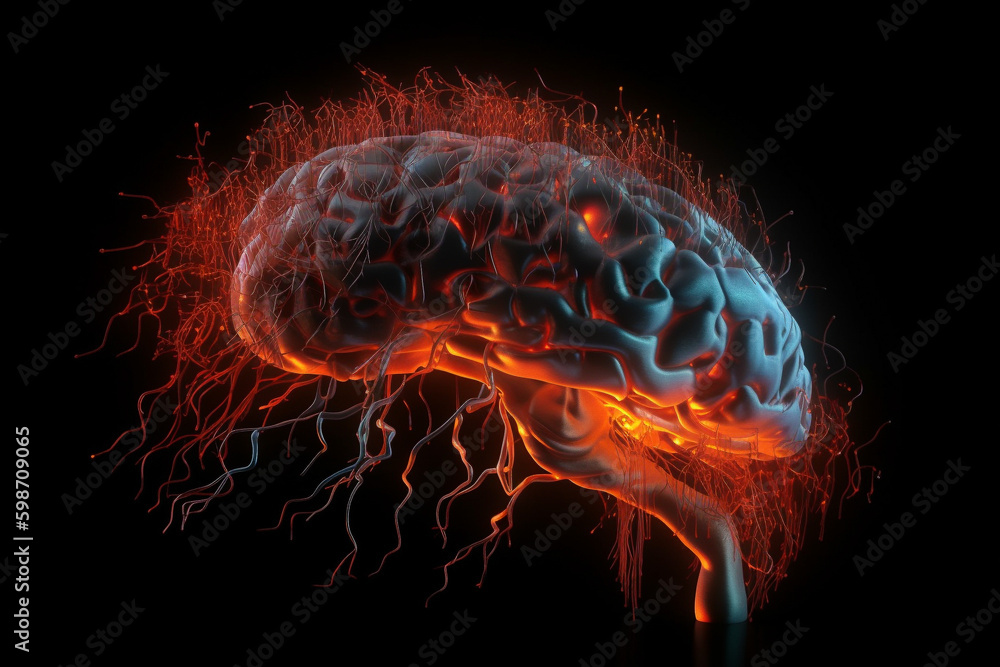 Poster human brain with a neural network of synapses lighting up. generative ai