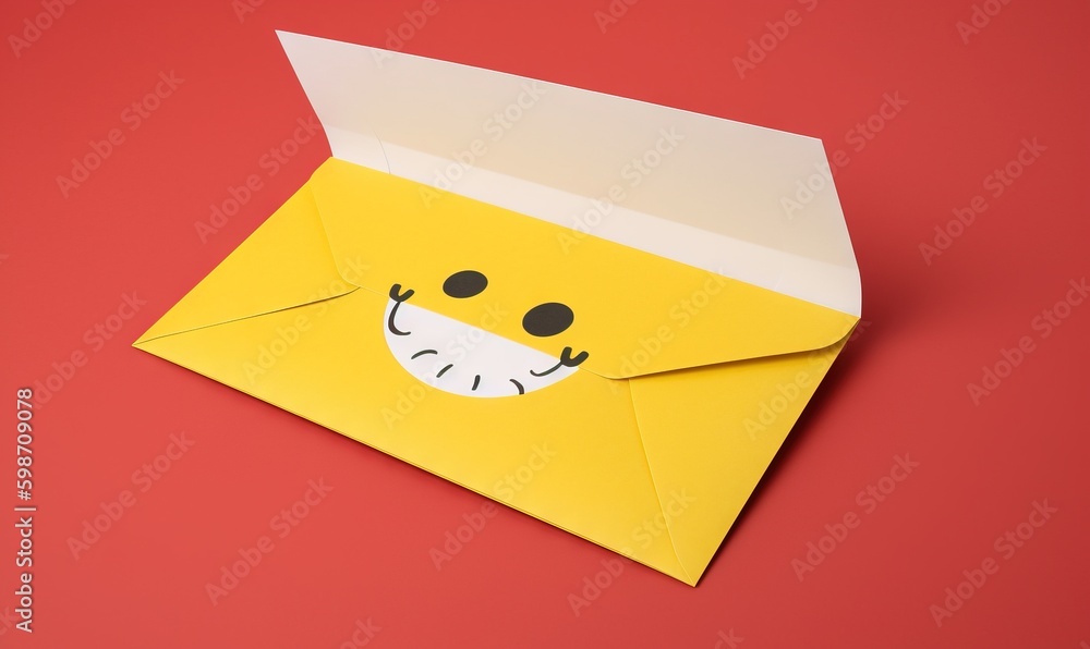 Poster a yellow envelope with a face drawn on it on a red background. generative ai