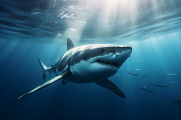 Fototapeta premium Animals, nature and wildlife concept. Great white shark swimming in deep blue waters. Generative AI