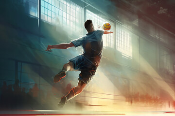 Fototapeta na wymiar a handball player leaping to score a goal. generative AI