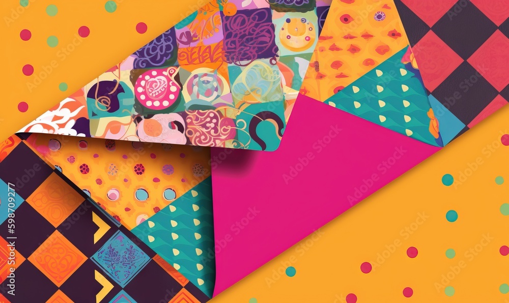 Poster a colorful background with a colorful pattern of squares and dots. generative ai