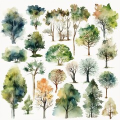 watercolor style tree set Generative AI