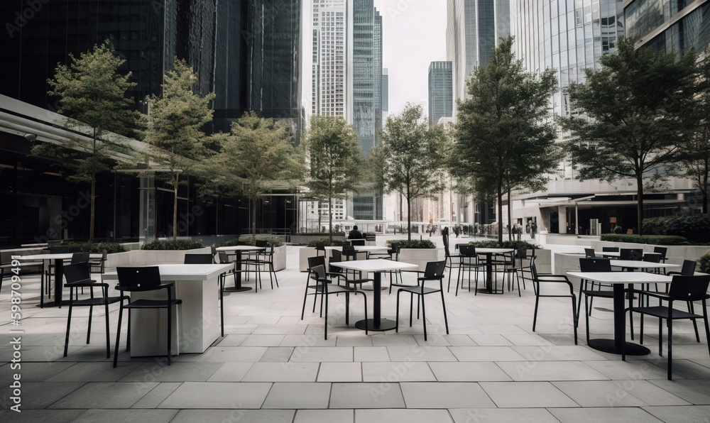 Poster tables and chairs are set up in the middle of a courtyard. generative ai