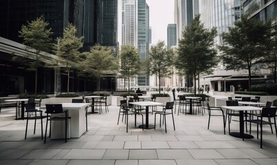  tables and chairs are set up in the middle of a courtyard.  generative ai