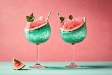 Image of Two watermelon cocktail glasses at an elevated angle, with fresh mint and text space. Generative AI Generative AI printed on Printed Glass Splashbacks