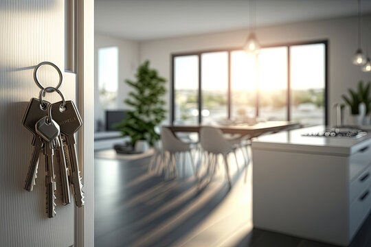 Open door with a key to a large bright luxury room with big windows in a new apartment. Mortgage, investment, rent, real estate, property concept. Made with Generative AI