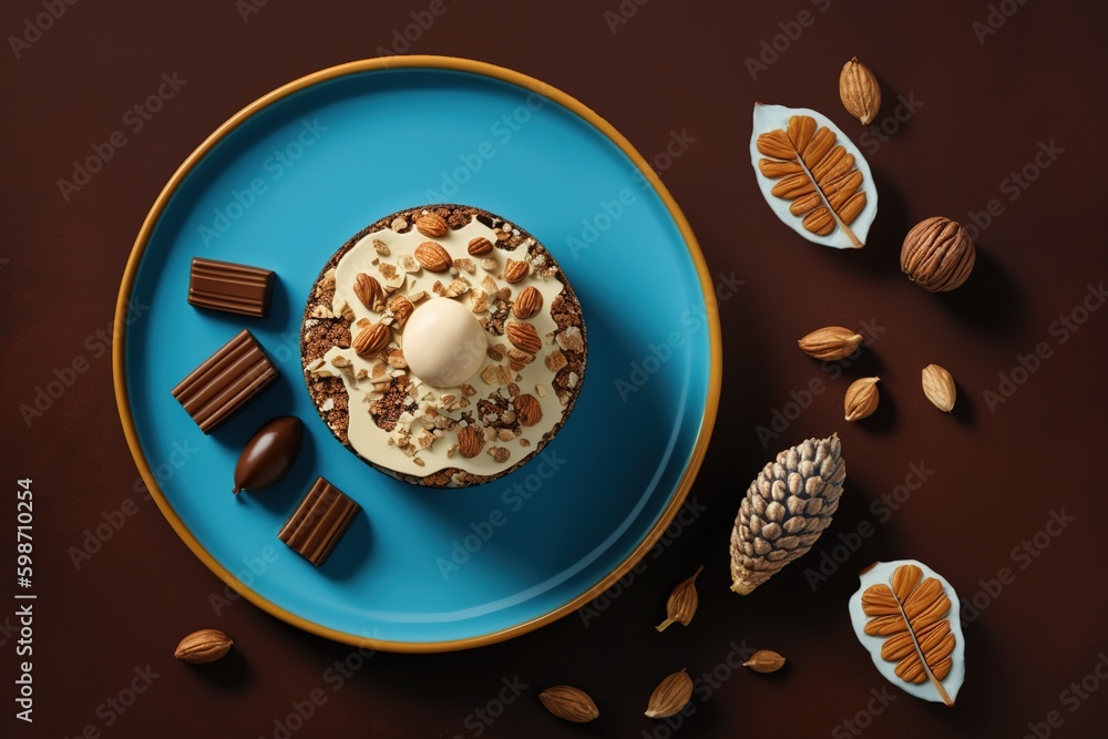 Aufkleber copy space and nuts on a dish at an extreme angle next to a cake generative ai generative ai