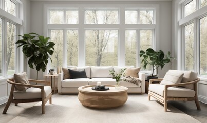 Fototapeta premium a living room filled with furniture and a large window covered in lots of windows. generative ai
