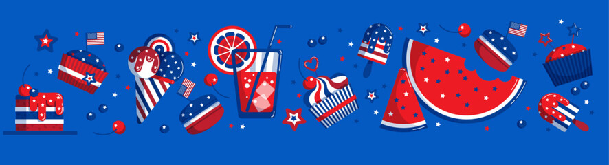 Cute vector seamless pattern with food, drink, cupcakes, ice cream, watermelon, macaron, stars. Patriotic background for 4th of July in USA, decor, textiles, tape, ribbon, banners, wrapping, wallpaper